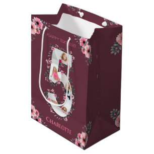 Sac Cadeau Moyen Big 5th Birthday Girl Photo Collage Fleur rose