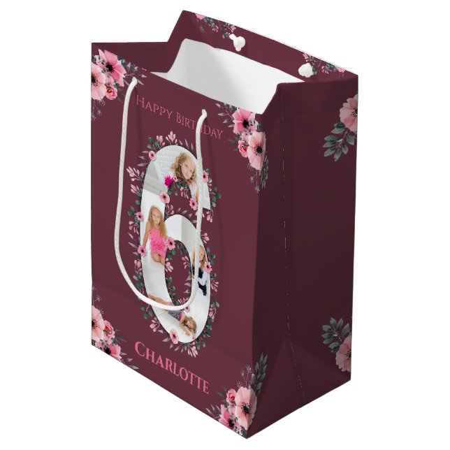 Sac Cadeau Moyen Big 6th Birthday Girl Photo Collage Fleur rose (Devant Angle)
