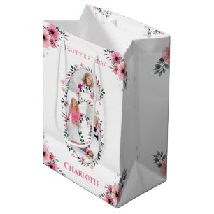 Sac Cadeau Moyen Big 6th Birthday Girl Photo Collage Fleur rose