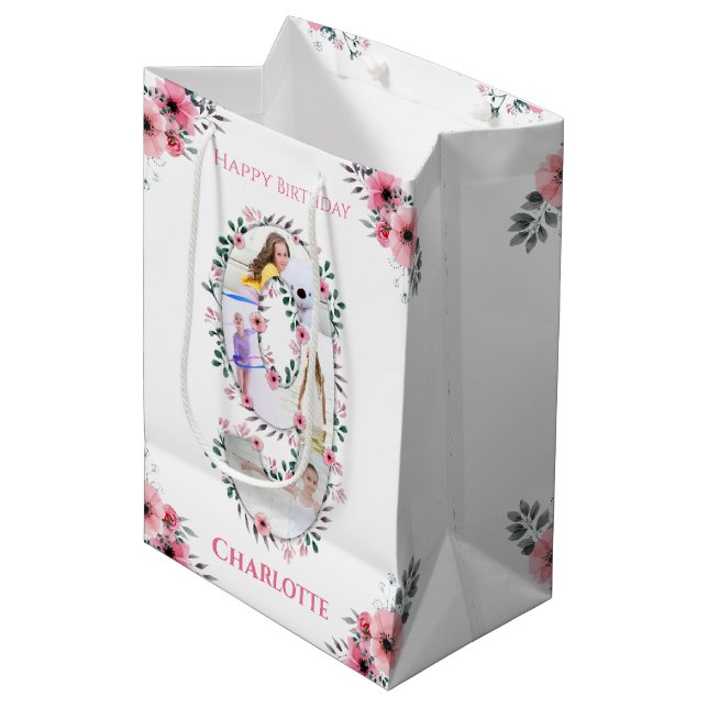 Sac Cadeau Moyen Big 9th Birthday Girl Photo Collage Fleur rose (Devant Angle)