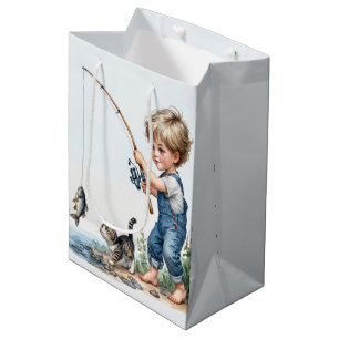 Sac Cadeau Moyen Birthday Boy Fishing with a Kitten