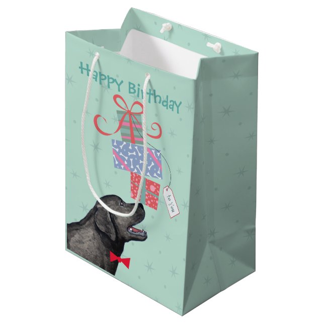 Sac Cadeau Moyen Birthday présente Black Lab (Devant Angle)