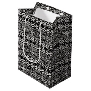 Sac Cadeau Moyen Black and White Christmas Fair Isle Motif