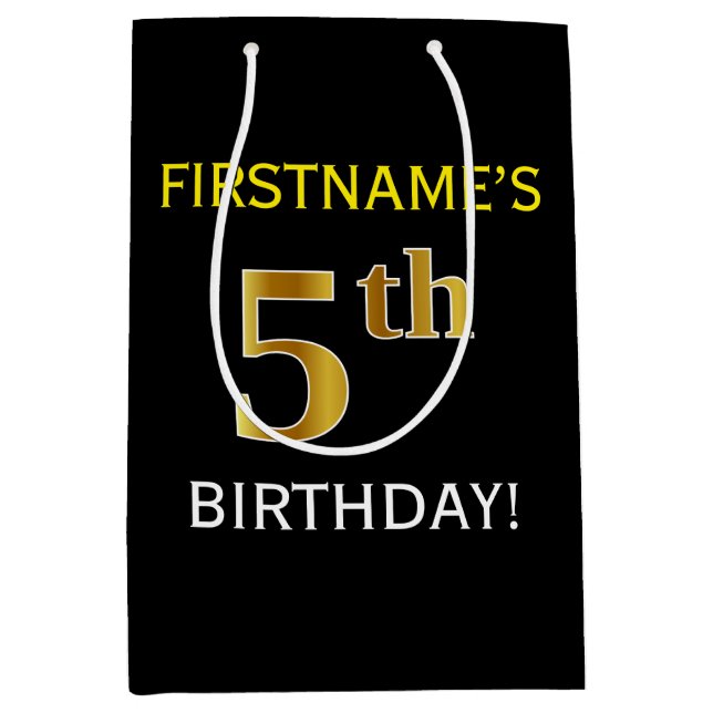 Sac Cadeau Moyen Black, Faux Gold 5e anniversaire + Nom personnalis (Devant)