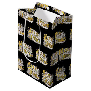 Sac Cadeau Moyen Black Gold Elegant Joyeux Noël Rustique Vintage
