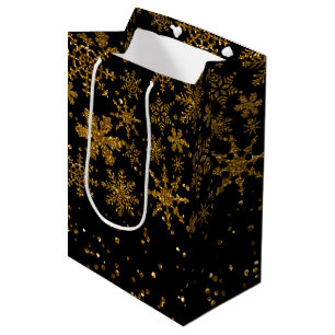 Sac Cadeau Moyen Black & Gold Snowflakes Étoiles Joyeux Noël