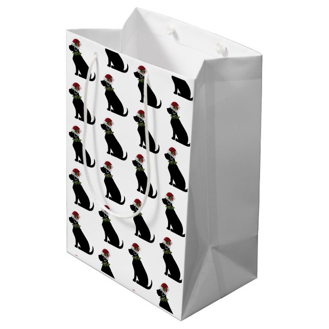 Sac Cadeau Moyen Black Lab Chien Noël Santa Hat Holly Moderne (Dos Angle)
