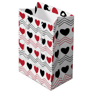 Sac Cadeau Moyen Black Red Hearts Chevron Stripe Motif