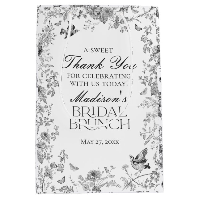 Sac Cadeau Moyen Black Toile De Jouy Floral Bridal Brunch Favors (Devant)