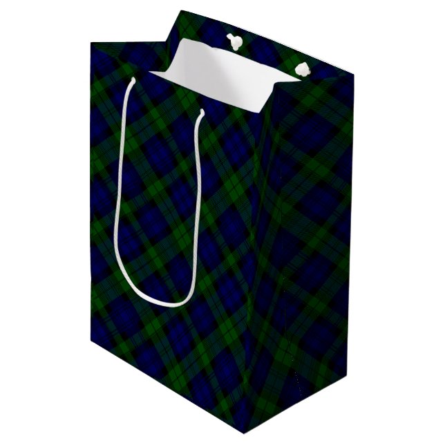 Sac Cadeau Moyen Black Watch Tartan bleu vert Plaid (Devant Angle)