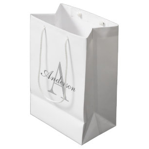 Sac Cadeau Moyen Blanc élégant & Monogramme Gris