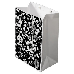 Sac Cadeau Moyen Blanc noir Feuilles floraux modernes soufflant