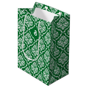 Sac Cadeau Moyen Blanc vintage damas motif sur le vert de Noël