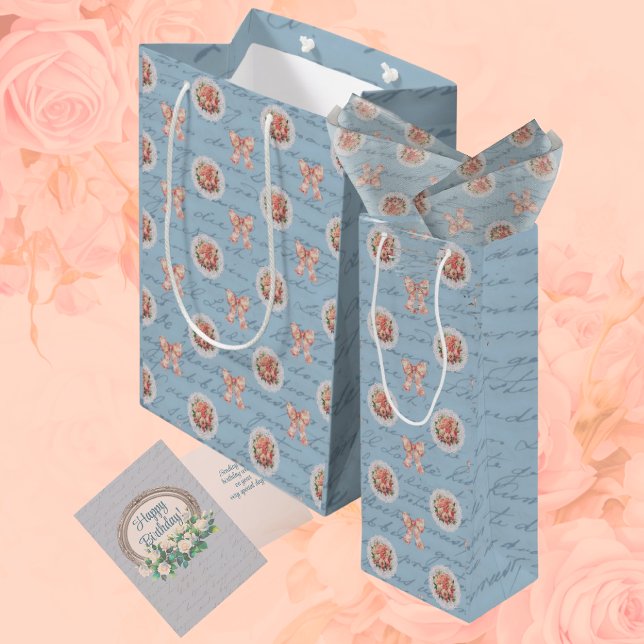 Sac Cadeau Moyen Bleu Antique Lettres Toile Bows Roses Rose (Créateur téléchargé)