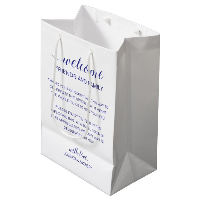 Sac Cadeau Moyen Bleu Bienvenue à l'hébergement Mariage invité (Devant Angle)