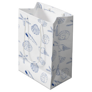 Sac Cadeau Moyen Bleu blanc Main dessinée Sea Shells Plage Été
