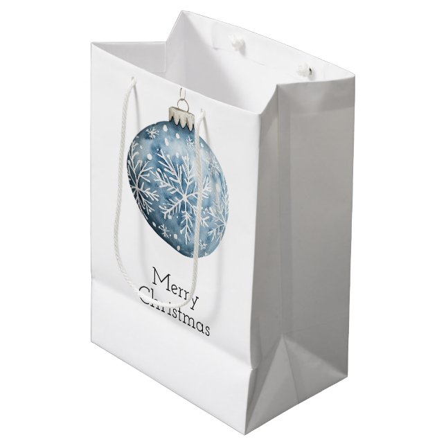 Sac Cadeau Moyen Bleu Blanc Noël Snowflakes Ornements (Devant Angle)