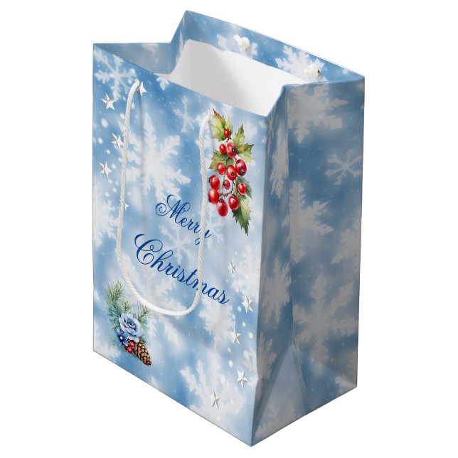 Sac Cadeau Moyen Bleu blanc Snowflake Holly Berries Joyeux Noël (Devant Angle)