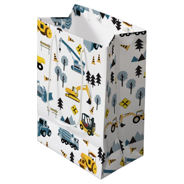 Sac Cadeau Moyen Bleu Camions de construction et Motif à thème du s (Devant Angle)