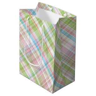 Sac Cadeau Moyen Bleu clair Vert Doux Rose Plaid Art Motif