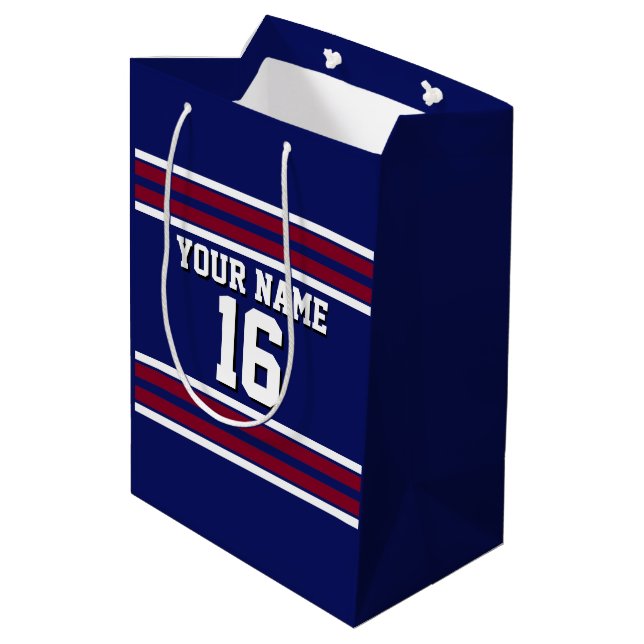 Sac Cadeau Moyen Bleu de marine avec Burgundy White Stripes Team Je (Dos Angle)