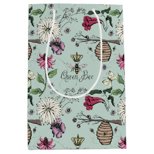Sac Cadeau Moyen Bleu d'oeuf de canard Abeille Vintage et fleurs