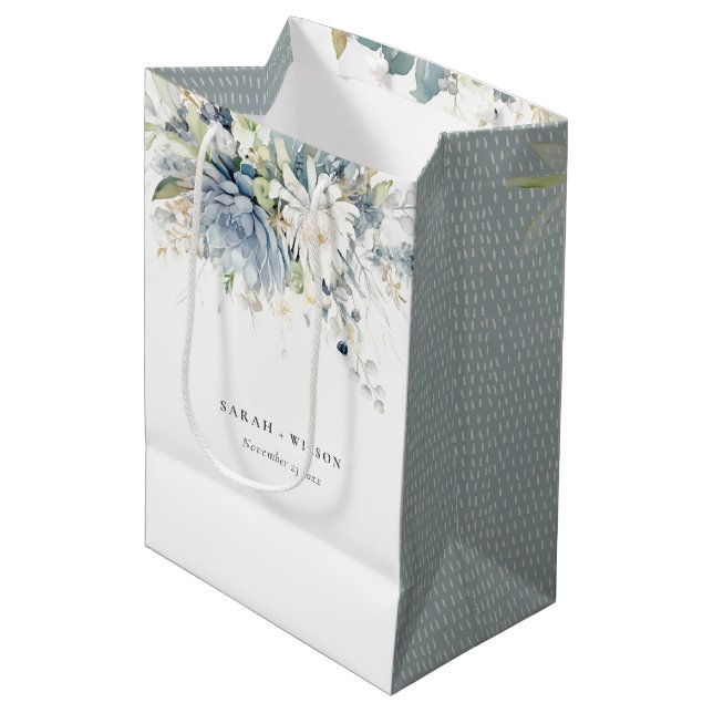 Sac Cadeau Moyen Bleu doux Vert Succulent Mariage botanique fleuri (Devant Angle)