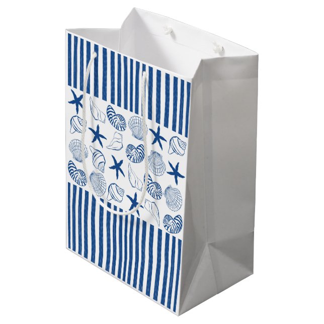 Sac Cadeau Moyen Bleu et blanc Bandes et coquilles marines (Dos Angle)