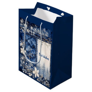 Sac Cadeau Moyen Bleu et blanc Beau Noël Floral