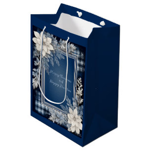 Sac Cadeau Moyen Bleu et blanc Beau Noël Floral