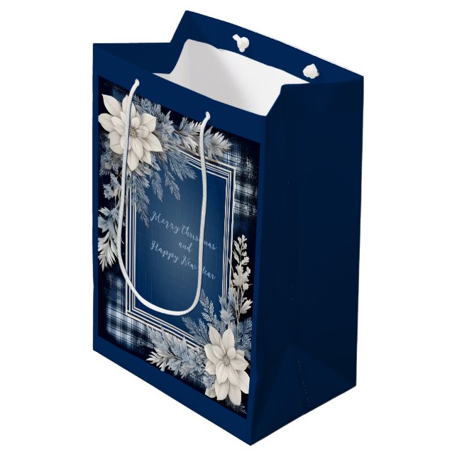 Sac Cadeau Moyen Bleu et blanc Beau Noël Floral (Devant Angle)