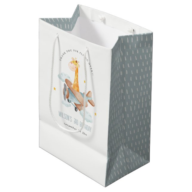 Sac Cadeau Moyen Bleu mignon Voler sur Giraffe Animal Plane Anniver (Devant Angle)