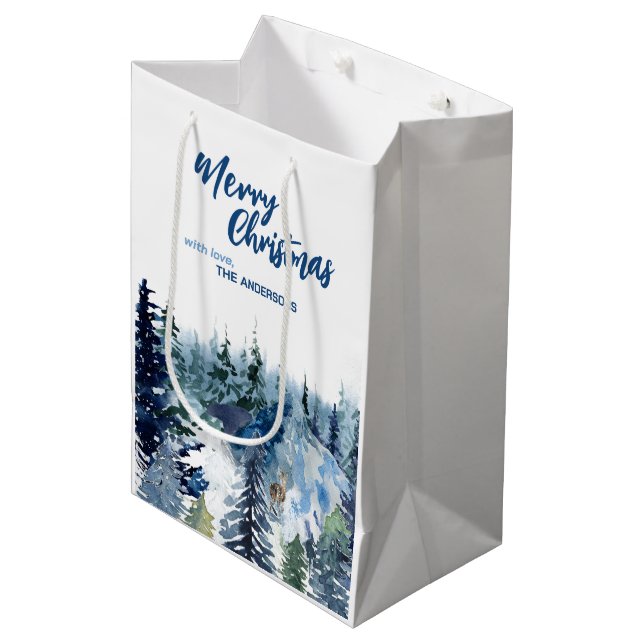 Sac Cadeau Moyen Bleu Moderne Merry xmas arbres forêt pludeer (Devant Angle)