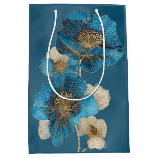 Sac Cadeau Moyen Bleu Or Ligne Art Poppy Botanique