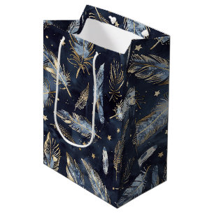 Sac Cadeau Moyen Bleu Or Plumes Étoiles Anniversaire