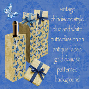 Sac Cadeau Moyen Bleu vintage Chinoiserie Papillons Damas