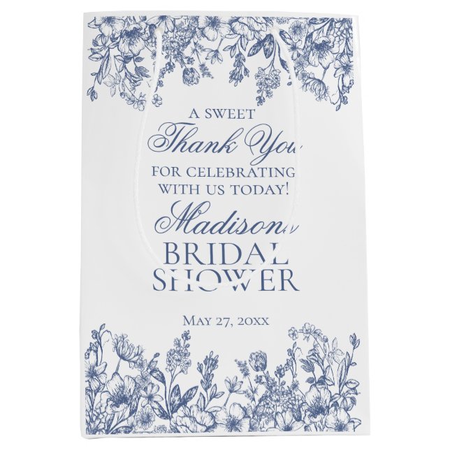 Sac Cadeau Moyen Blue Chinoiserie Vintage Floral Fête des mariées (Devant)