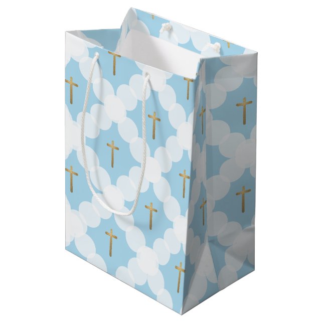 Sac Cadeau Moyen Blue & Gold Cross Elegant Christian Baptism (Devant Angle)