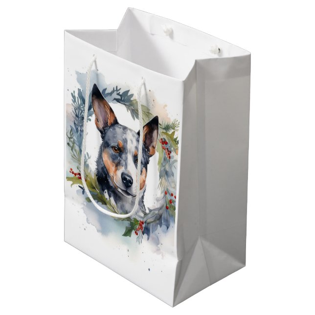 Sac Cadeau Moyen Blue Heeler Christmas Wreath Festive Pup (Devant Angle)