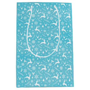 Sac Cadeau Moyen Blue Reindeer Motif Joyeux Noël Snowflakes