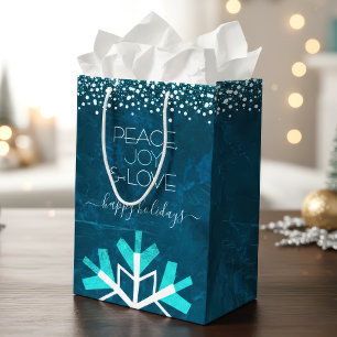 Sac Cadeau Moyen Blue Snowflake Moderne Paix Joie Amour Typographie