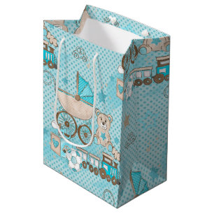 SAC CADEAU MOYEN BLUE & TAN BÉBÉ GARÇON OURS TRAINS BALLES BLOCS