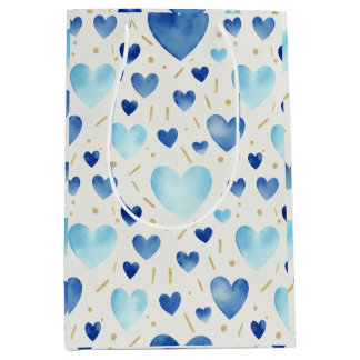Sac Cadeau Moyen Blue Watercolor and Gold Glitter Hearts Pattern