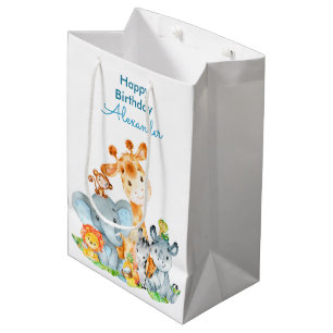 Sac Cadeau Moyen Blue Watercolor Cute Safari Jungle Animaux