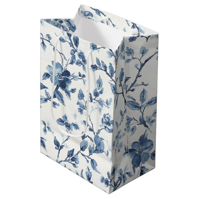 Sac Cadeau Moyen Blue White Floral Bridal Shower (Devant Angle)