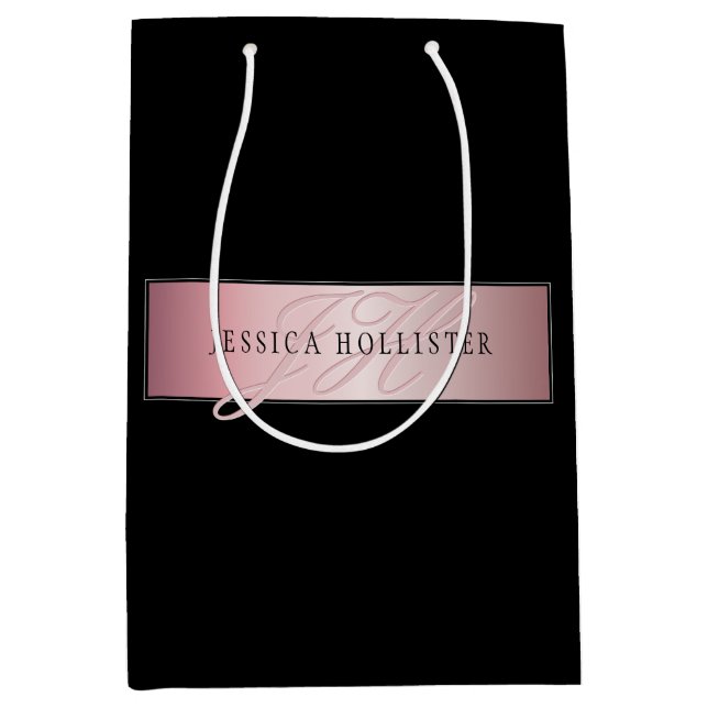 Sac Cadeau Moyen Blush Élégant Faux Or Rose | Nom & Initiales (Devant)