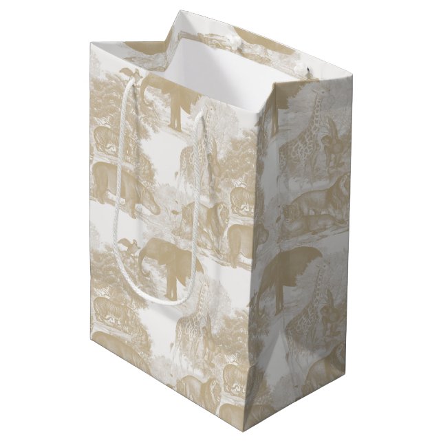 Sac Cadeau Moyen Boho Beige Jungle Animaux Safari Chinoiserie (Devant Angle)