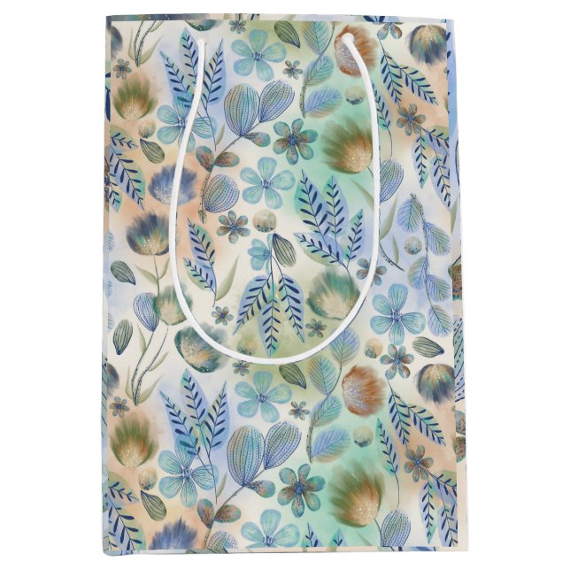 Sac Cadeau Moyen Boho Bleu Vert Fantaisiste Floral Botanique   (Devant)