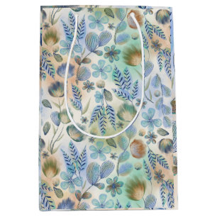 Sac Cadeau Moyen Boho Bleu Vert Whimsical Floral Botanique