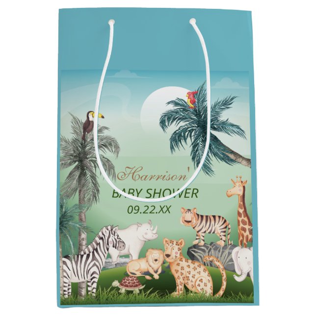 Sac Cadeau Moyen Bois Animaux Jungle Baby shower de verdure (Devant)